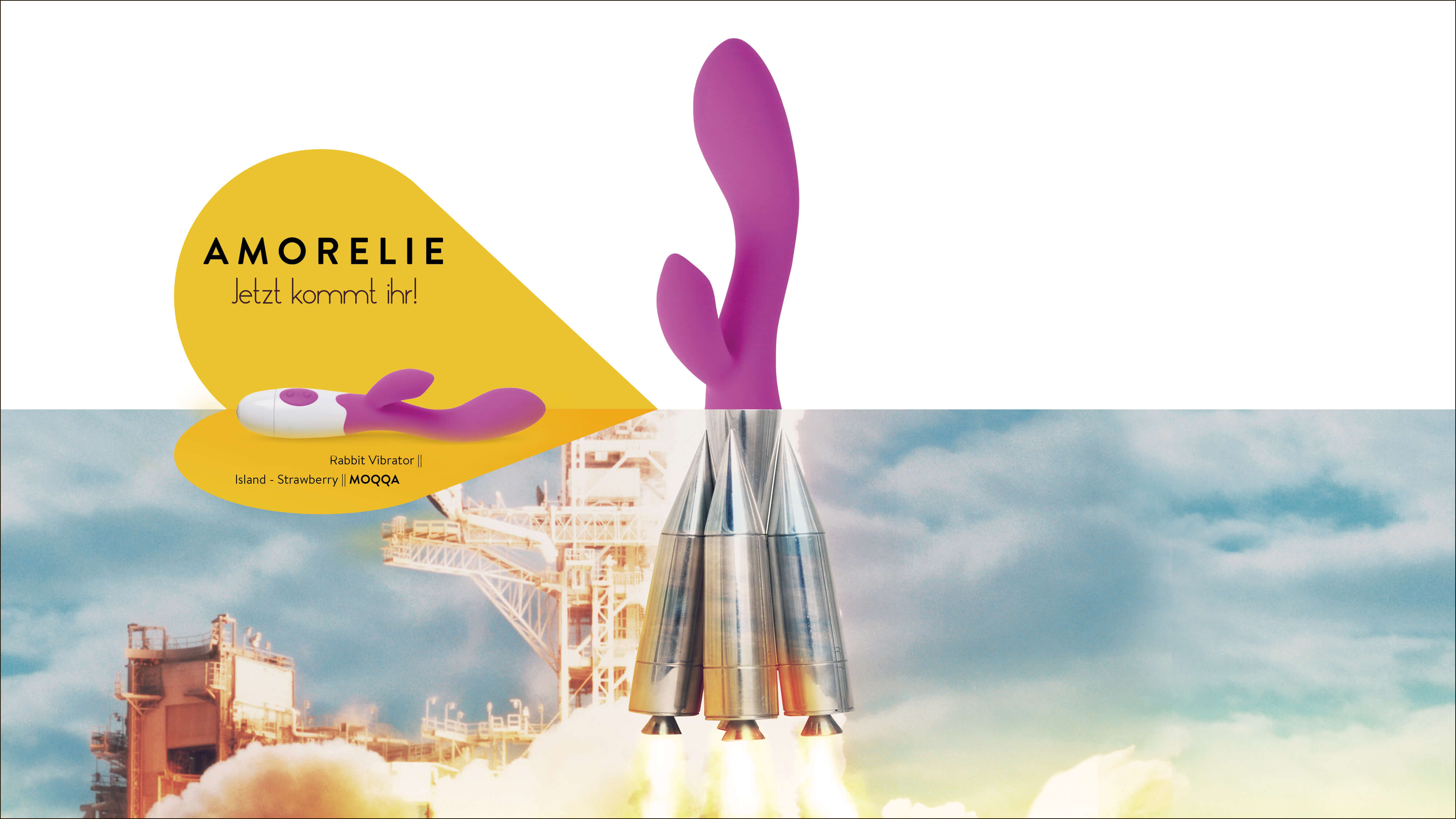 Advertising poster for an Amorelie vibrator showing the vibrator in the upper part and a Rocket in the lower part of the image