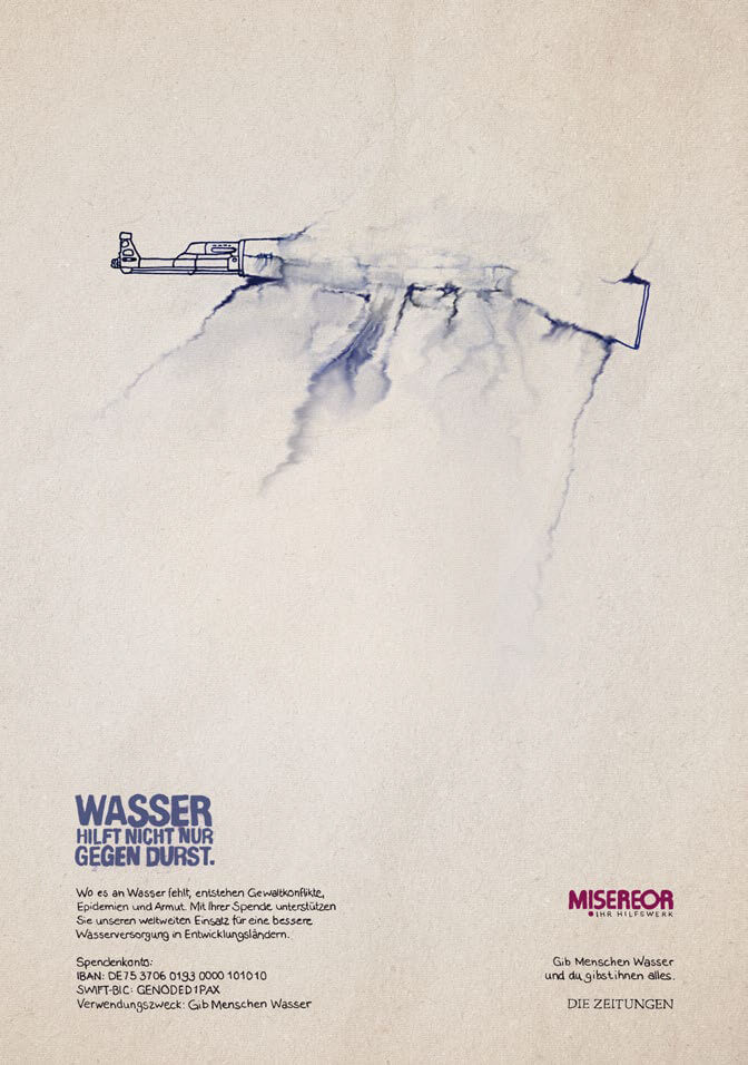 Advertising poster for Misereor showing an illustration of an assault rifle being washed away by water